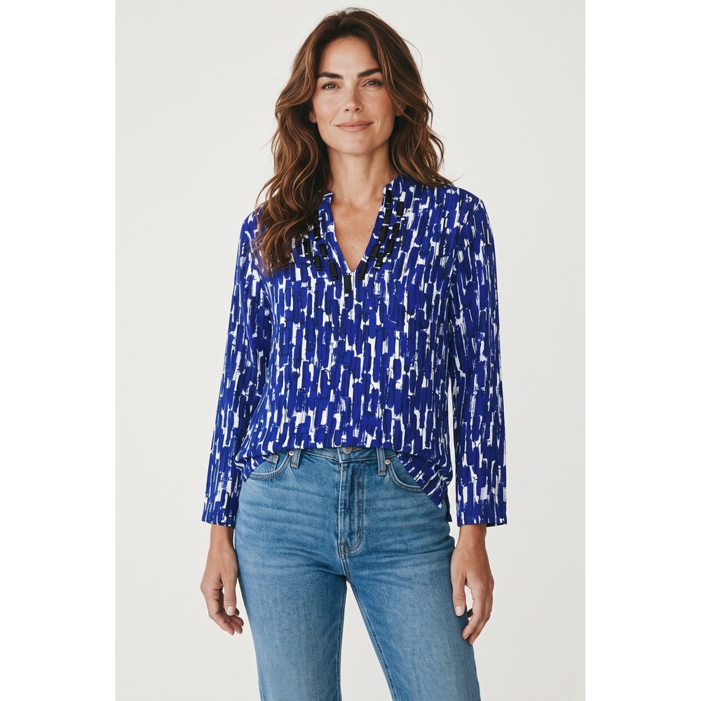 Ruby Rd Petite Blue White Abstract Print Embellished V-Neck Top PS
